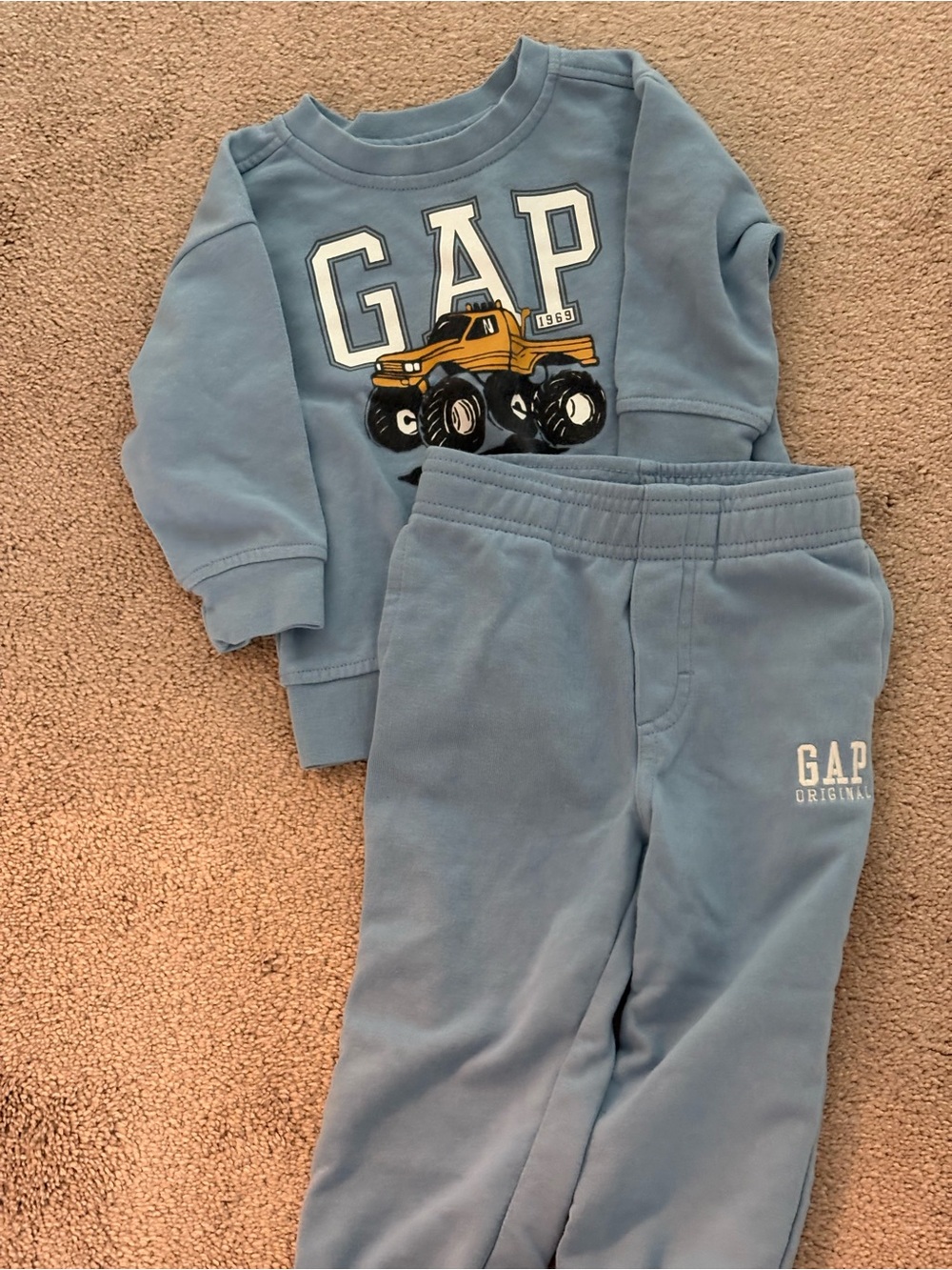 GAP Light Blue Sweatshirt and Joggers Set with Yellow Truck Graphic